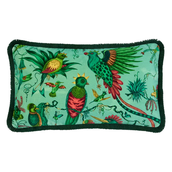 Aqua | Quetzal Luxury Velvet Bolster Cushion in Aqua designed by Emma J Shipley in London inspired by Costa Rica's Cloud Forest
