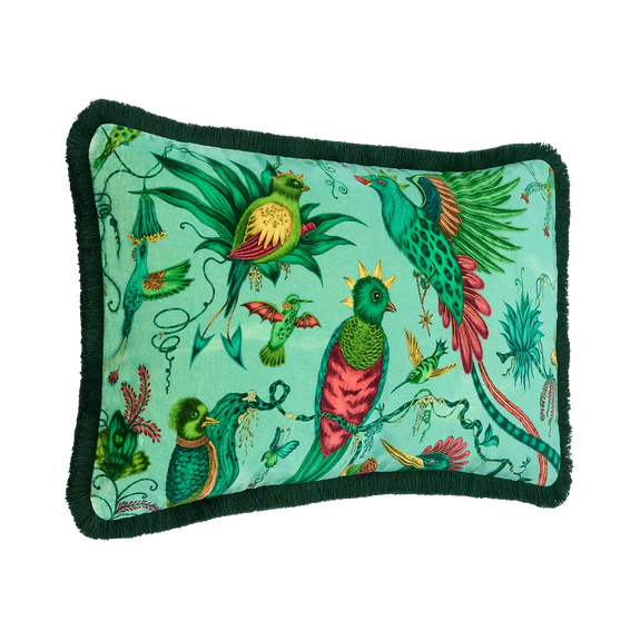 Aqua | Side of Quetzal Luxury Velvet Bolster Cushion in Aqua designed by Emma J Shipley in London inspired by Costa Rica's Cloud Forest