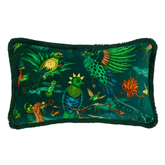 Teal | Quetzal Luxury Velvet Bolster Cushion in Teal designed by Emma J Shipley in London inspired by Costa Rica's Cloud Forest