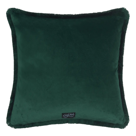 Teal | Back of Teal Luxury Velvet Cushion with Forest Green Fringing