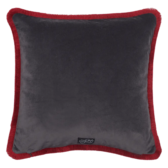 Violet | Back of Violet Luxury Velvet Cushion with Red Fringing
