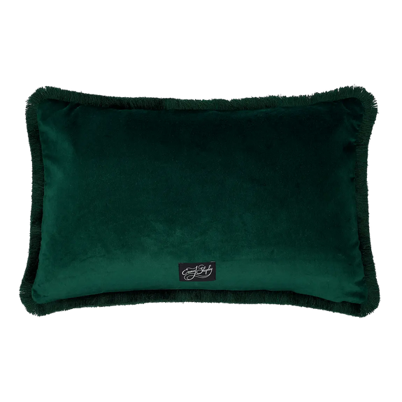Teal | Back of Teal Luxury Velvet Bolster Cushion with Forest Fringing