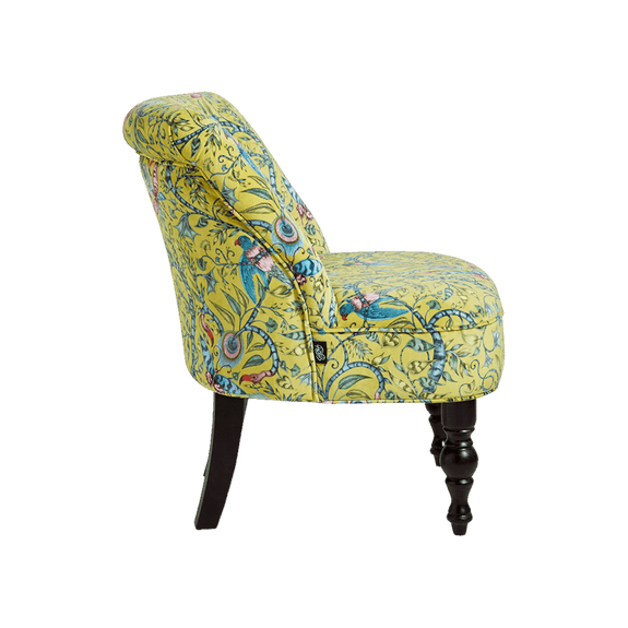 Lime | Side view of the exotic Rousseau design in lime hand drawn by Emma J Shipley features on this Langley Chair made in collaboration with Clarke & Clarke for Animalia