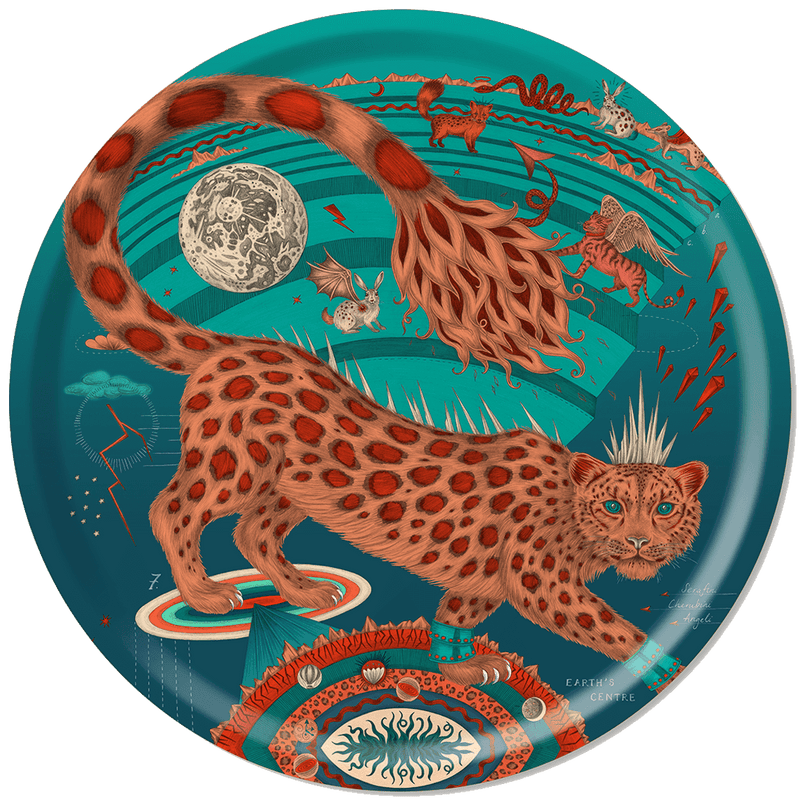  The Snow Leopard large round tray in the teal colour designed by Emma J Shipley and made with Jamida in Sweden