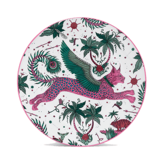 Lynx Side Plate designed by Emma J Shipley, crafted in fine bone china by skilled artisans in Stoke on Trent UK, hand decorated with an exquisitely detailed and colourful artwork with a Lynx, leaping through a starry night sky surrounded by magical creatures in pink, magenta and verdant green shades - part of the Fine China Dining collection