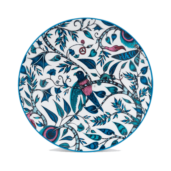 Rousseau Side Plate designed by Emma J Shipley, crafted in fine bone china by skilled artisans in Stoke on Trent UK, hand decorated with an exquisitely detailed and colourful scene of curious birds and creatures amongst a pattern of winding foliage in a palette of blues, and subtle pink blush tones, part of the Fine China Dining collection