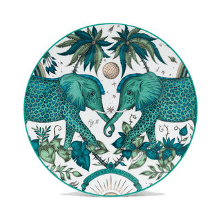Zambezi Side plate designed by Emma J Shipley, crafted in fine bone china by skilled artisans in Stoke on Trent UK, hand decorated with an exquisitely detailed and colourful design featuring leopard spotted elephants, a leaping gazelle, soaring hornbills in layers of teal, greens and neutrals, part of the Fine China Dining collection