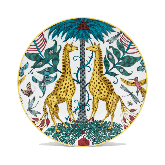 Kruger Side plate  designed by Emma J Shipley, crafted in fine bone china by skilled artisans in Stoke on Trent UK, hand decorated with an exquisitely detailed and colourful artwork with giraffes and detailed foliage in yellow, blues and greens - part of the Fine China Dining collection