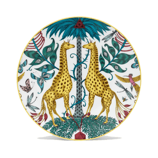 Kruger Side plate  designed by Emma J Shipley, crafted in fine bone china by skilled artisans in Stoke on Trent UK, hand decorated with an exquisitely detailed and colourful artwork with giraffes and detailed foliage in yellow, blues and greens - part of the Fine China Dining collection