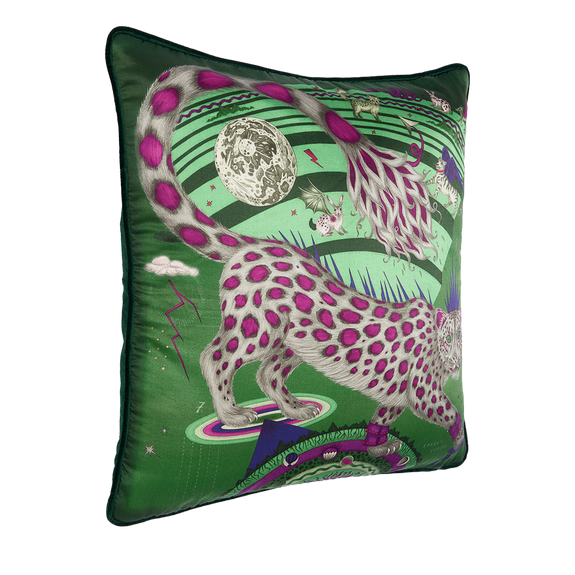 Emerald | The side of the Emerald Snow Leopard silk cushion designed by Emma J Shipley in her London studio