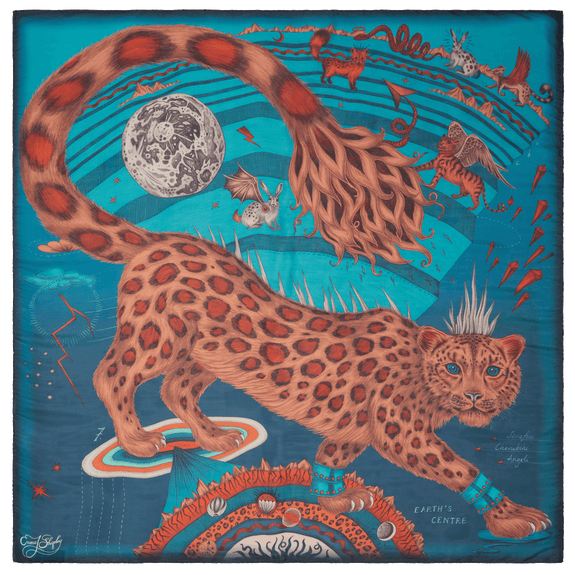 Autumn - Teal | The Autumn scarf has enchanting teals running through it with the Snow Leopard in centre featuring rich orange tones and piercing teal blue eyes