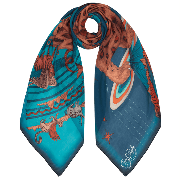 Autumn - Teal | The Autumn scarf tied up to show how the design would look worn on the neck, the design drawn by Emma J Shipley features a scene inspired by Dantes inferno