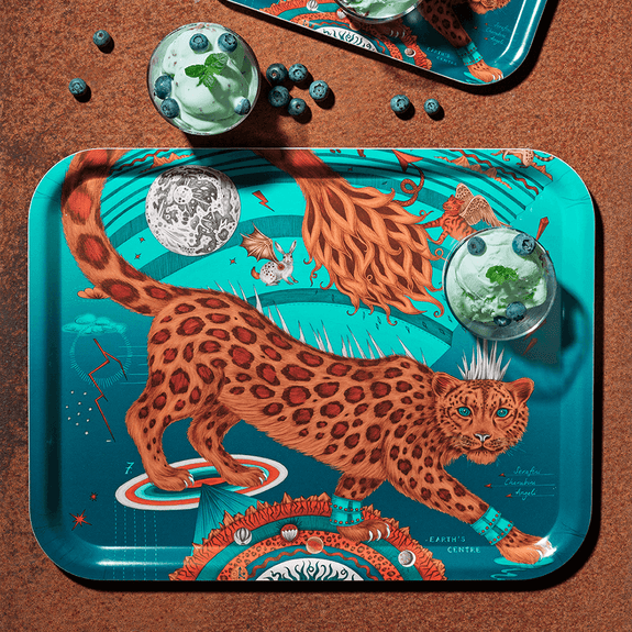 Teal | Large | A lifestyle shot of the Large Teal Snow Leopard Tray in the rectangle style, designed by Emma J Shipley in her London Studio