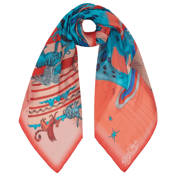Spring - Turquoise | Here the Snow leopard scarf is tied up to show the effect the design gives, in the peachy bright tones with enchanting bright blues running through it designed by Emma J Shipley