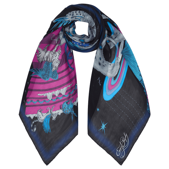 Winter - Ice | The ice winter scarf tied up showing the rich pruples, deep navys, bright blues and all the tones running through the scarf
