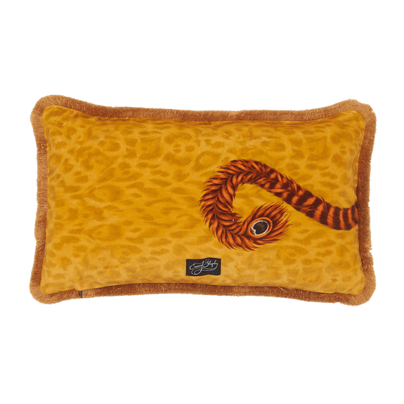 Gold | The back of the Tigris Bolster cushion in Gold has the Tigers tail snaking on to it with the peacock tail end designed by Emma J Shipley