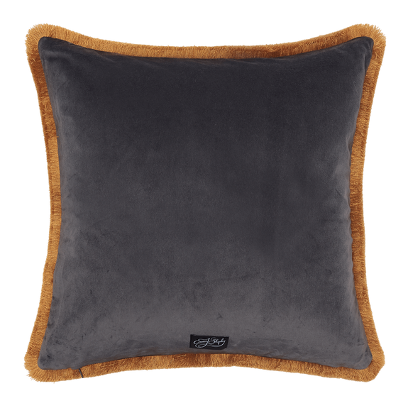 Gold | The back of the Tigris Luxury Velvet cushion in a grey tone with buttery gold fringing