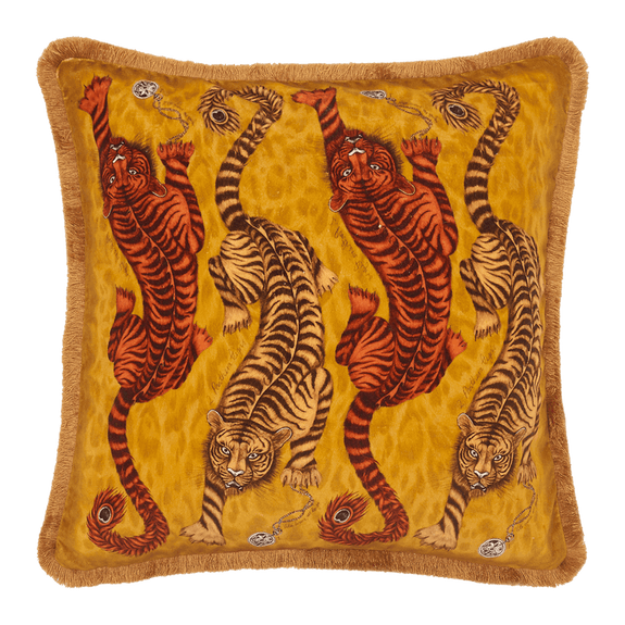 Gold | The Gold Tigris Luxury Velvet Cushion in the Gold colour has enchanting rich golden tones with soft yellows and bright oranges designed by Emma J Shipley