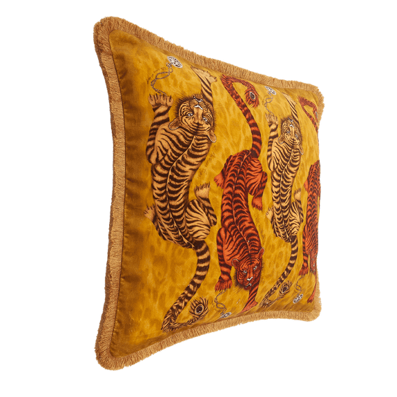 Gold | The side of the Tigris Gold cushion featuring four tigers in soft yellows and deep orange reds, drawn by Emma J Shipley in her London studio