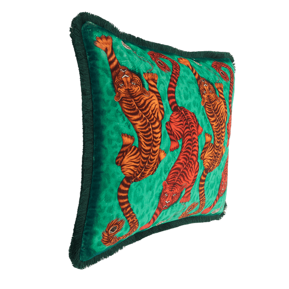 Teal | The side of the Tigris Teal cushion featuring 2 pairs of orange and red Tigers with a deep emerald green background, drawn by Emma J Shipley in her London studio