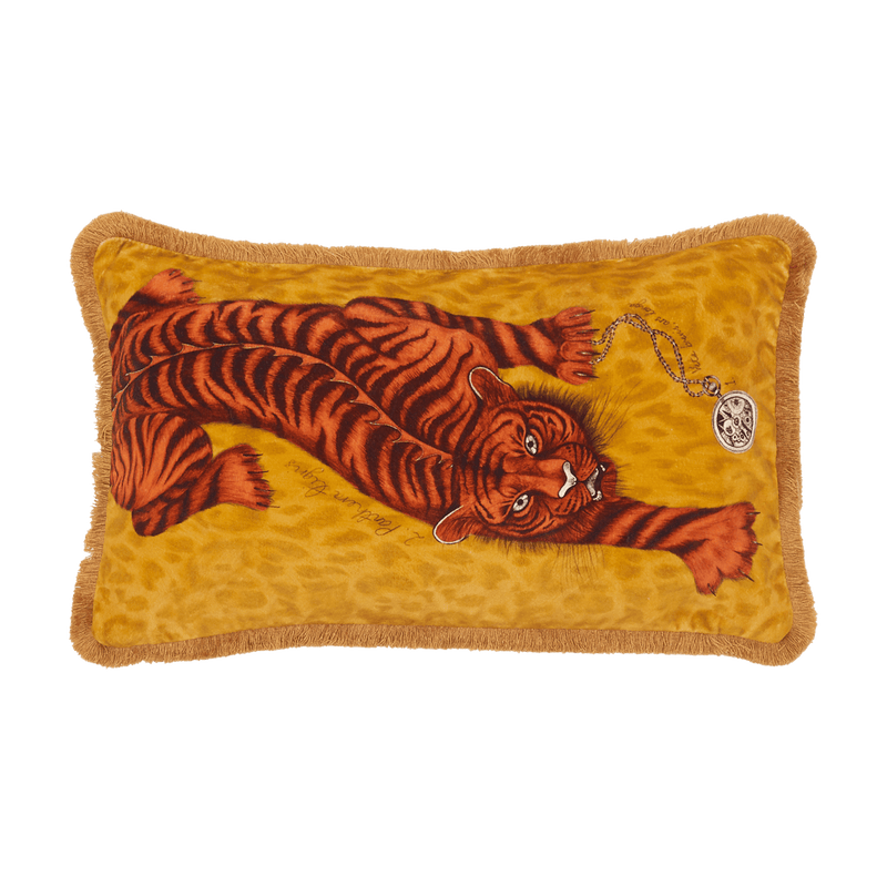  The Tigris Gold Bolster Cushion is adorned by a Deep Orange Tiger crawling across the front holding a pocket watch, designed by Emma J Shipley in her London Studio