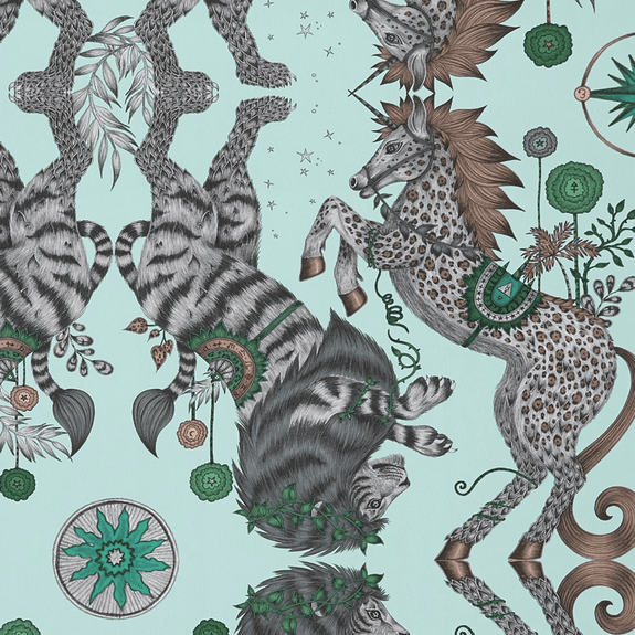 Aqua | The Aqua Caspian wallpaper is magically inspired by the Chronicles of Narnia featuring a Lion and a Unicorn designed by Emma J Shipley and manufactured by Clarke & Clarke