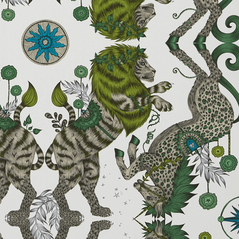  The Lime Caspian wallpaper is magically inspired by the Chronicles of Narnia featuring a Lion and a Unicorn designed by Emma J Shipley and manufactured by Clarke & Clarke