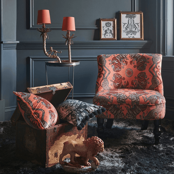 Coral | The Caspian Velvet in Coral comes by the meter so matching cushions can be made, the chair is covered in velvet