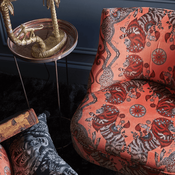 Coral | Caspian Coral Velvet has such a soft and luxurious feel and is perfect for the Langley chair designed by Emma J Shipley x Clarke & Clarke