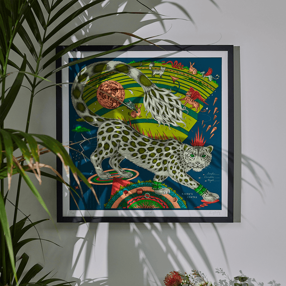 Forest | 24 x 24 inches | The Snow Leopard Print featuring a snow leopard cat with lime greens and deep navy teals designed by Emma J Shipley and printed in the UK