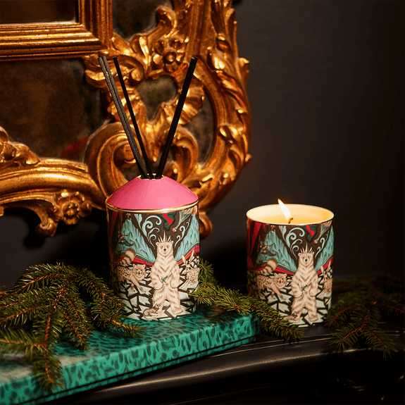 A shot of the Polar Scented Candle and the Diffuser part of the Emma j Shipley Christmas collection featuring scentes of The Polar Diffuser has the much loved polar design on the front designed by Emma J Shipley featuring dewberry and cardamom