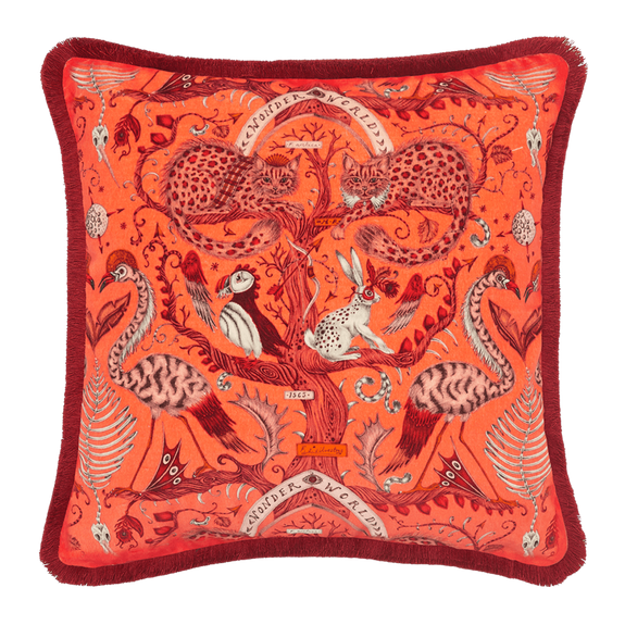 Coral | The Front of the Wonder World Coral Luxury velvet cushion, featuring Scottish wildcats, flamingos, a hare and a puffin, designed by Emma J Shipley  Edit alt text