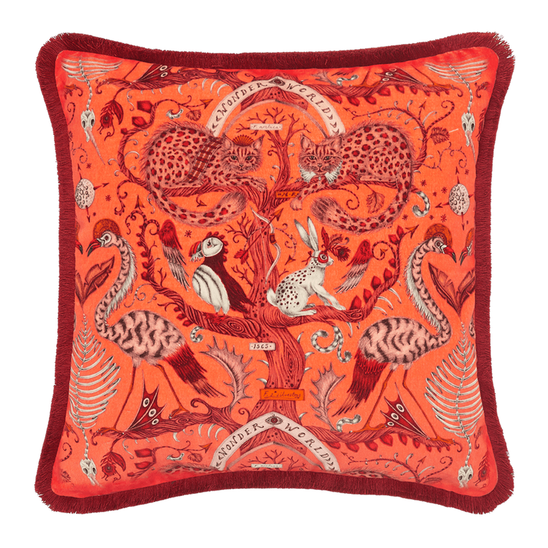  The Front of the Wonder World Coral Luxury velvet cushion, featuring Scottish wildcats, flamingos, a hare and a puffin, designed by Emma J Shipley  Edit alt text