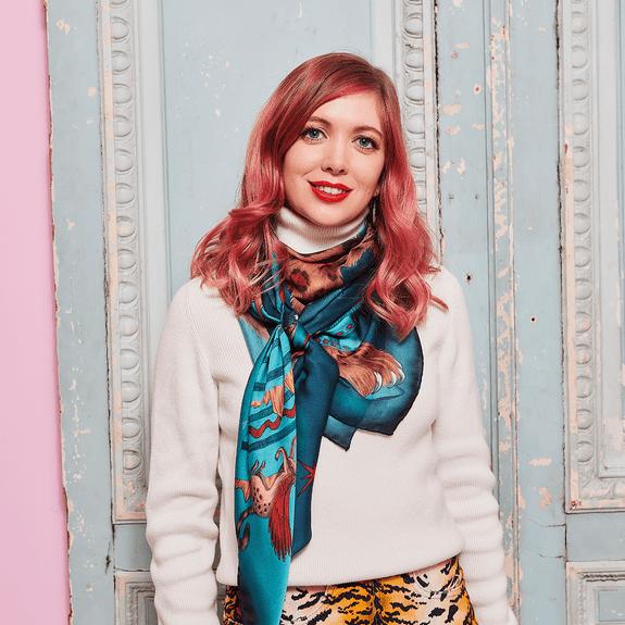 Autumn - Teal | Emma J Shipley in her Autumn Teal silk chiffon scarf with colour experts Red Leopard in the Snow Leopard design 
