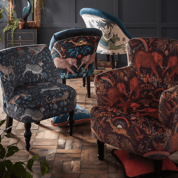 Wine | a collection of the new Wilderie fabric covered chairs by Emma J Shipley with interior experts Clarke & Clarke